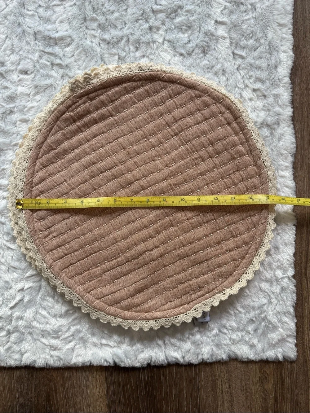 Round Quilted Accent Place Mats with Lace Trim - Blush Tan - set of 2